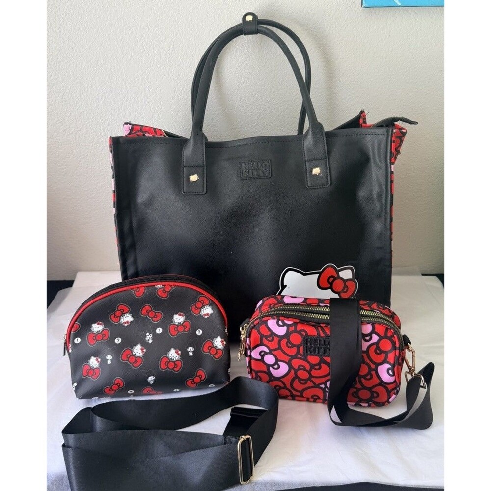 Hello Kitty 3 Piece Bag Set Tote Cosmetic Pouch Crossbody Purse Black Red Sanrio